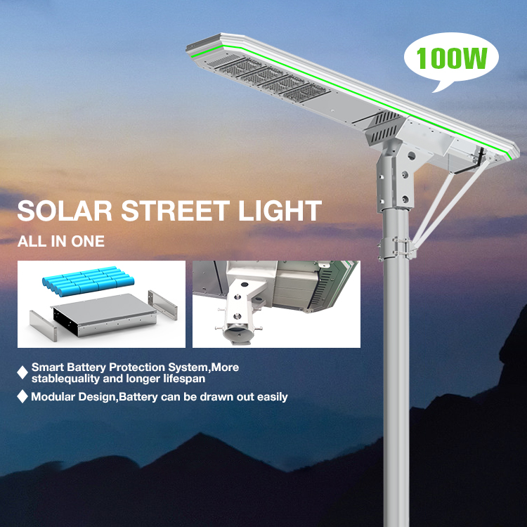Timer Control Lighting 100W Outdoor Dimmable Integrated All In One Led Solar Street Light