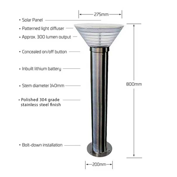 IP65 Waterproof Cast Aluminium Solar Bollard Garden Light 2 Years Warranty LED Source