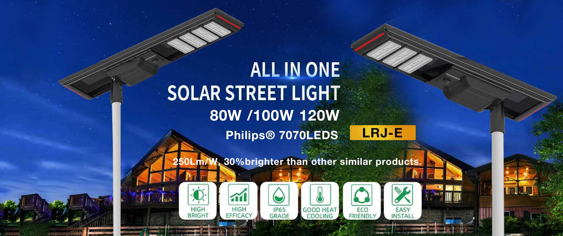 Farola solar integrada de alta luminosidad, patentada, para exteriores, 80 W, 100 W y 120 W, luz LED Prowe