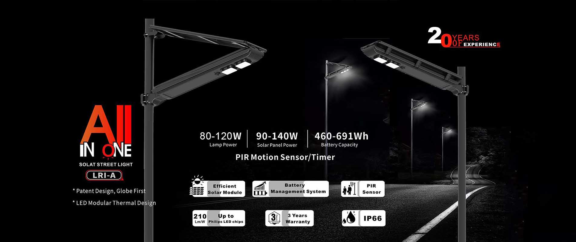 Farola solar LED de 60 W, duradera, de alta eficiencia, IP66, 6500 K, con sensor de movimiento