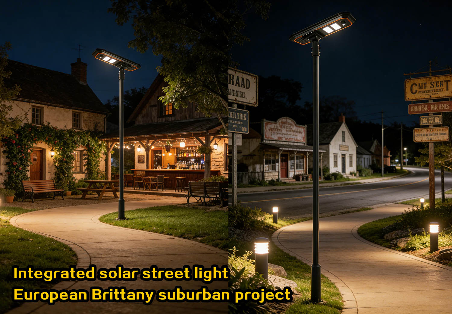Proyecto de alumbrado público solar integrado LEADRAY serie LRC-H en los suburbios de Bretaña, Europa.
