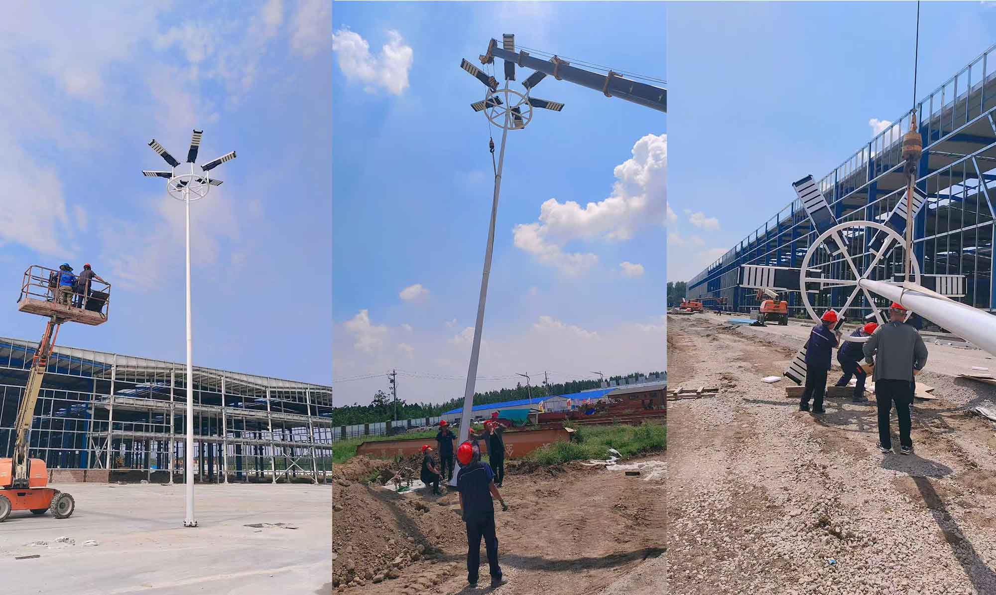 150W integrated solar street light with multiple lamp heads installed in the newly built factory area of the industrial park