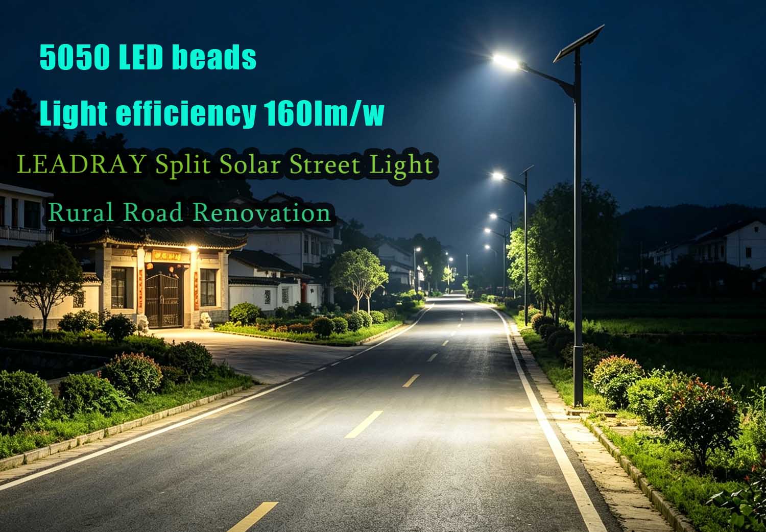 Farola solar dividida de 70 W con panel fotovoltaico solar de alta potencia para iluminación nocturna de carreteras rurales asfaltadas.